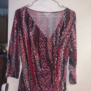 Dana Buchman Pink, Black & Brown Patterned Faux-Wrap Blouse